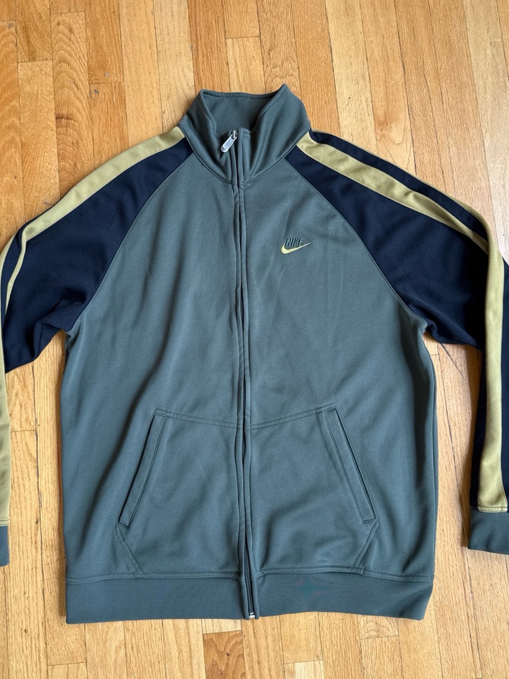 Nike Men's Olive Green and Navy Zip-Up Track Jacket with Gold Accents